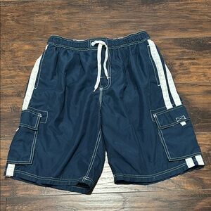Navy Blue Swim Trunks with White Accents